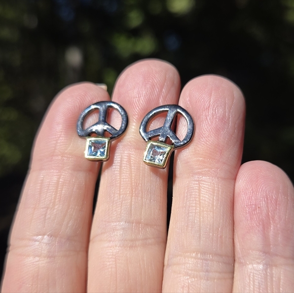 Topaz Natural Gemstone Peace Sign Sterling Rhodium & Gold Earrings 3k Each - Picture 3 of 8